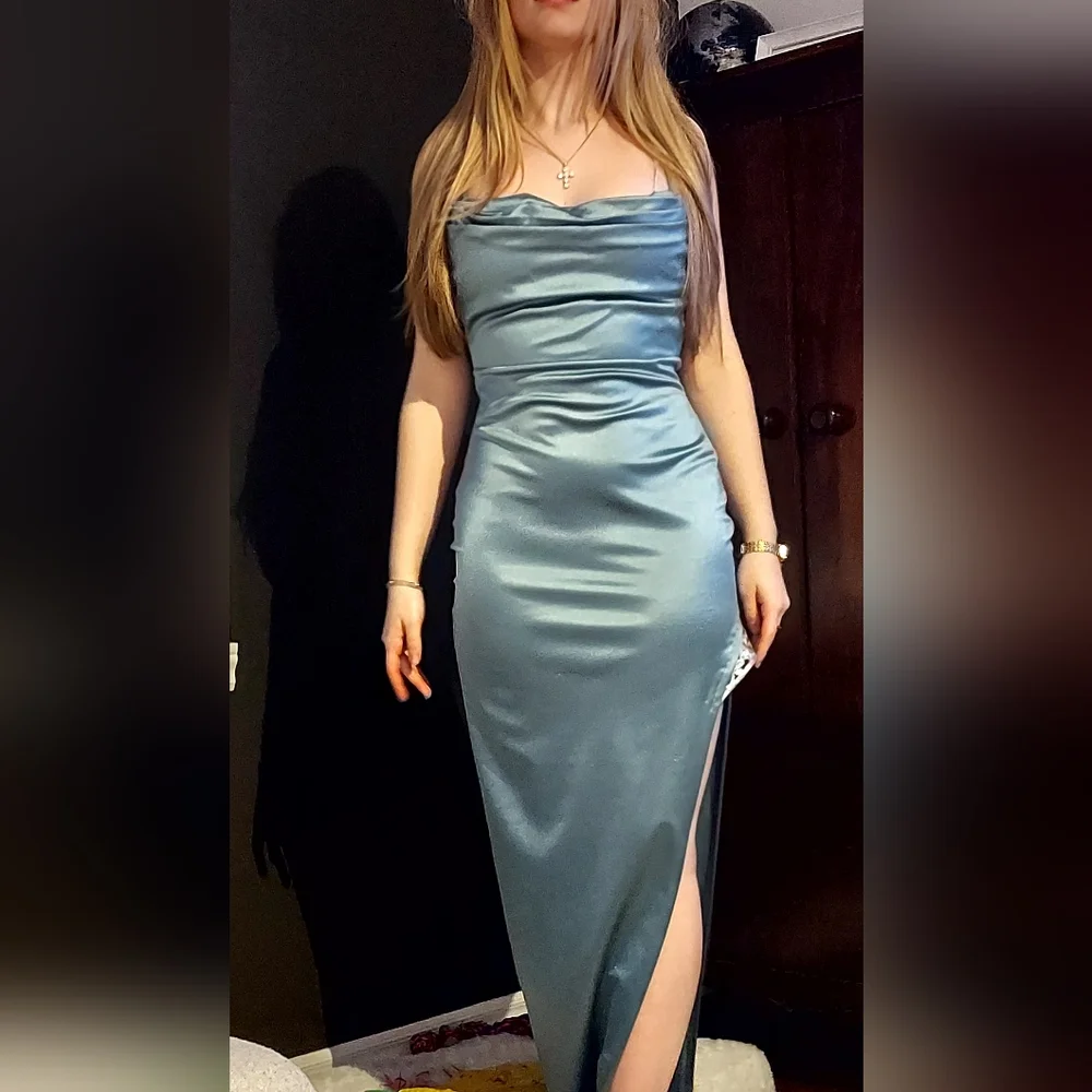 Green/Teal Satiny Evening Gown - Picture 1 of 2